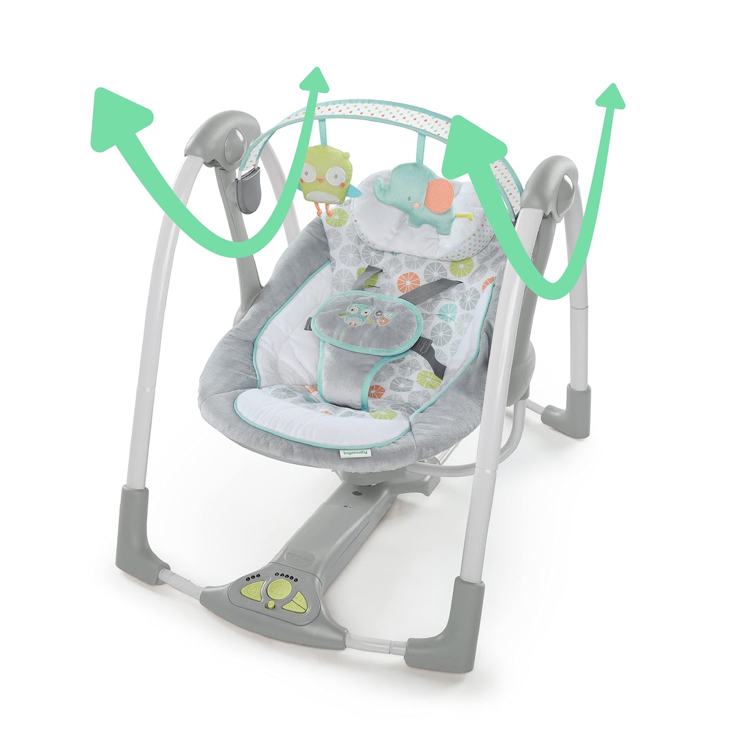 Ingenuity Swing 'N Go 5-Speed Baby Swing - Foldable, Portable, 2 Plush Toys & Sounds, 0-9 Months 6-20 Lbs (Hugs & Hoots)