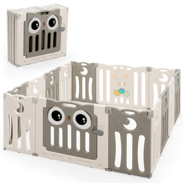 Costzon Baby Playpen, 14-Panel Foldable Kids Safety Activity Center Playard w/Locking Gate, Non-Slip Rubber Bases, Adjustable Sh