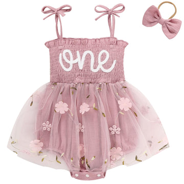 Titkkop Baby Girl 1St Birthday Clothes One Year Old Tulle Romper Sleeveless Bodysuit Cake Smash Outfits(Flesh Pink,12-18M)
