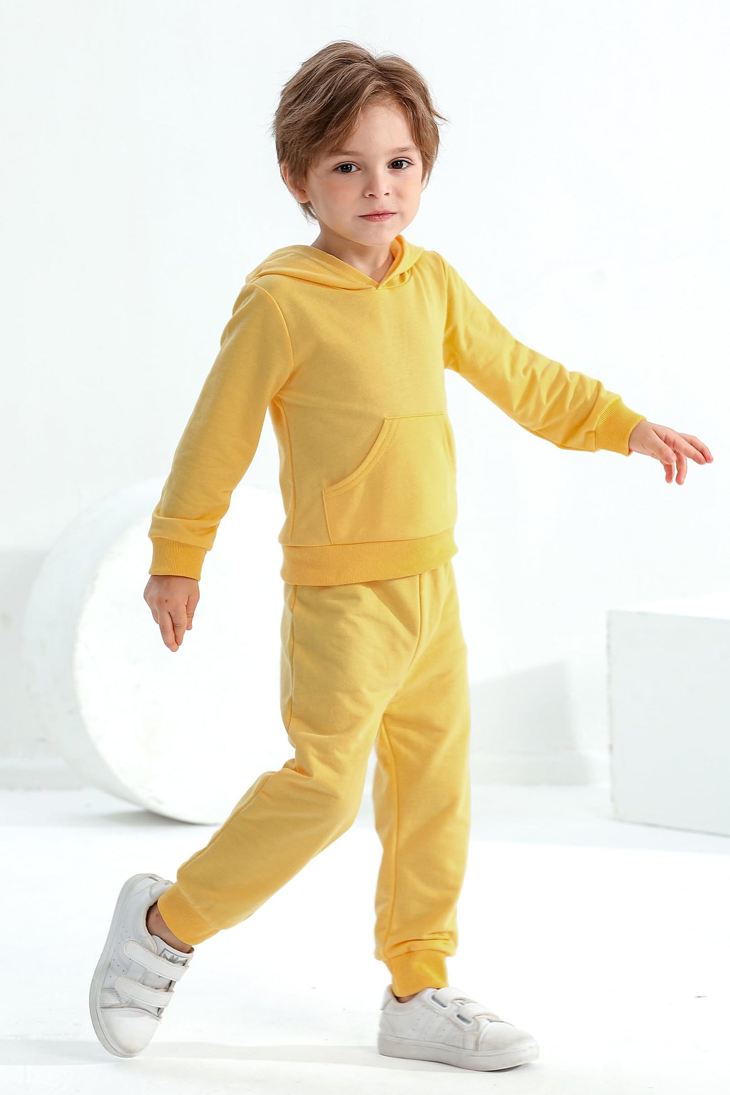 Happy Town Toddler Fall Outfits For Girl Boy Long Sleeve Hoodie Top And Toddler Sweatsuit (Solid Color-Yellow, 5-6 T)