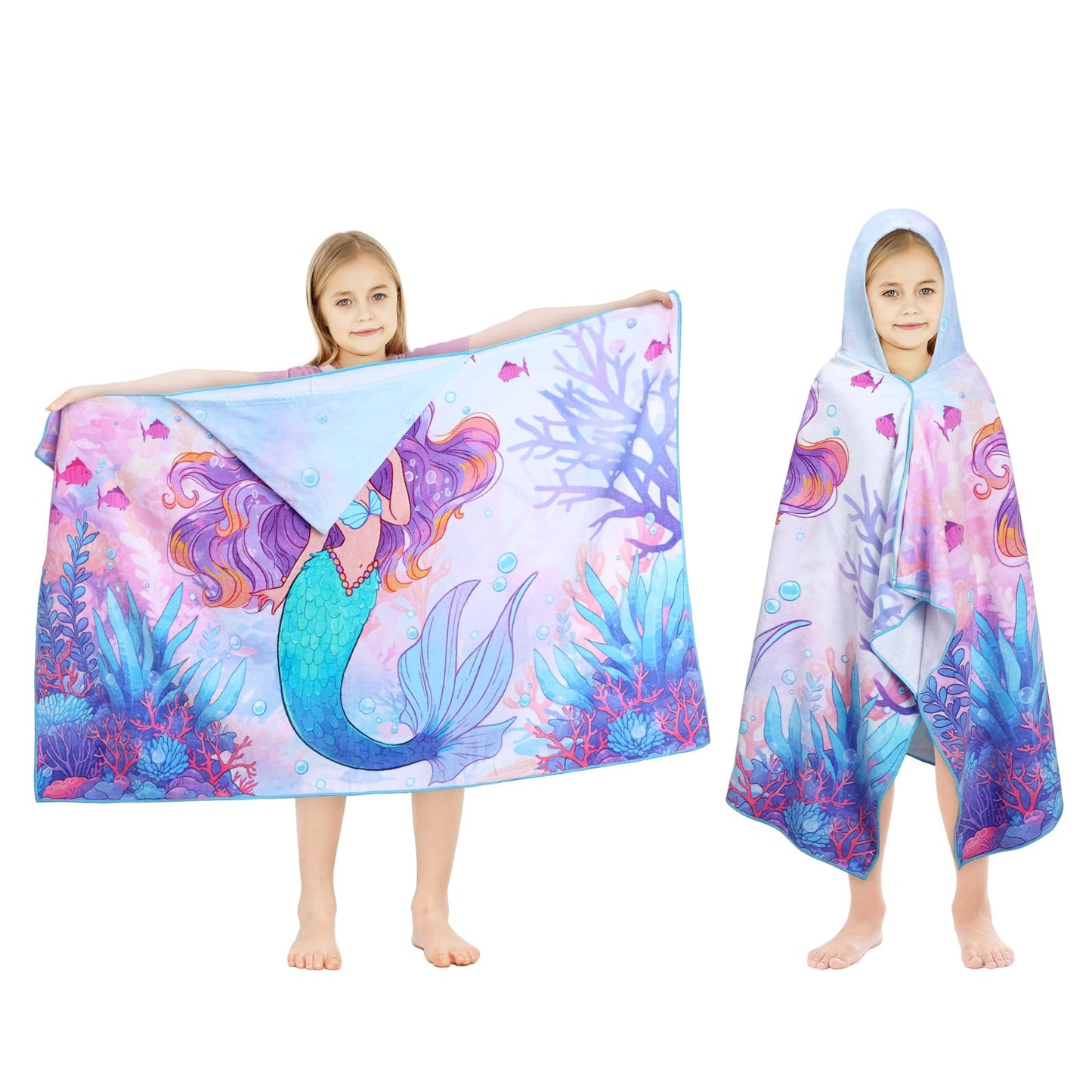 Decalsweet Kids Cotton Hooded Bath Towels Beach Towel For Toddlers 3-10 Years Girls Boys Soft Swim Pool Wrap Absorbent Extra Lar