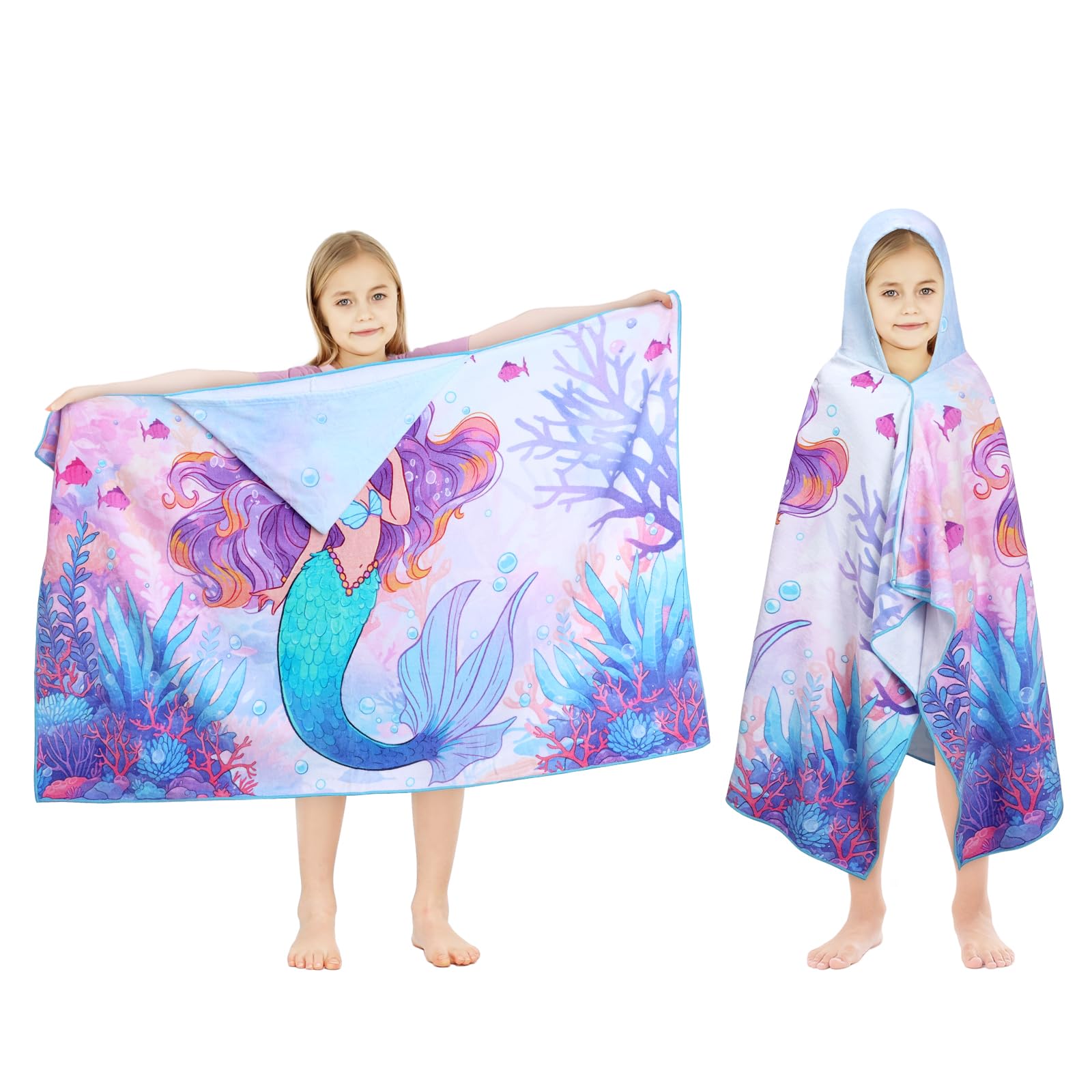 Decalsweet Kids Cotton Hooded Bath Towels Beach Towel For Toddlers 3-10 Years Girls Boys Soft Swim Pool Wrap Absorbent Extra Lar