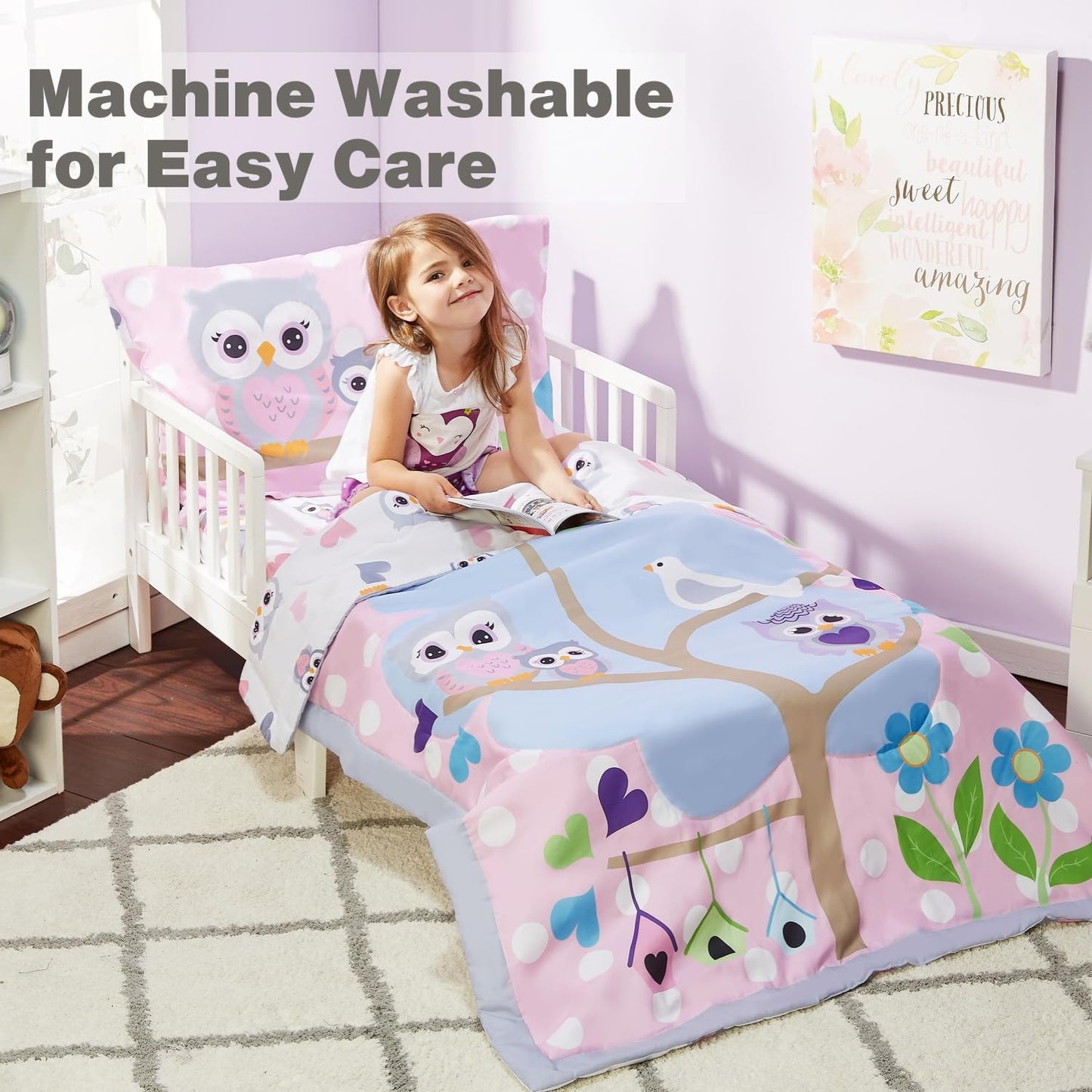 Everyday Kids 4 Piece Toddler Bedding Set - Owls - Soft 100% Cotton Percale - Includes Comforter, Flat Sheet, Fitted Sheet And R