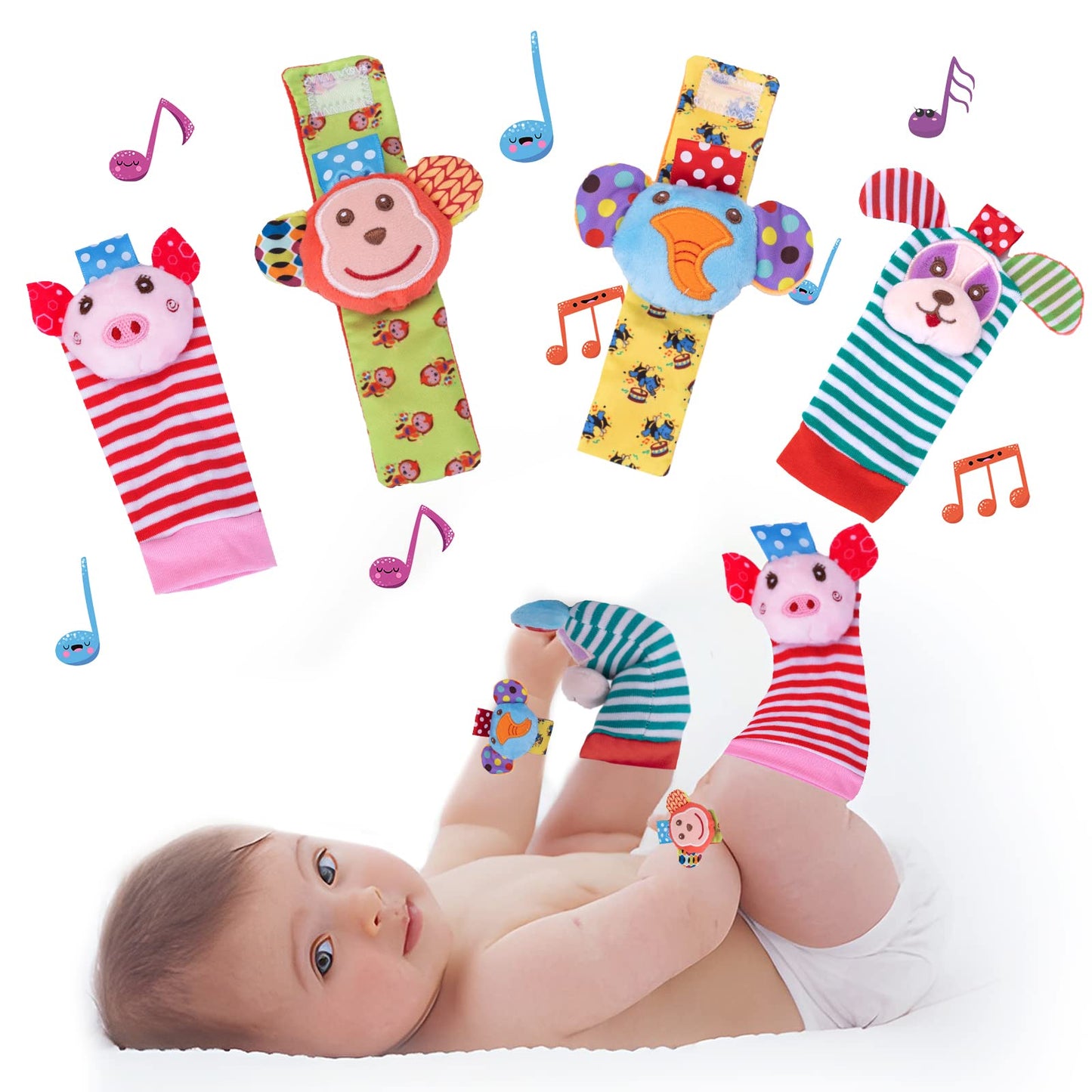 PADONISE 4pcs Soft Baby Wrist Rattle Foot Finder Socks Set Cartoon Socks for Babies Animal Plush Stuffed Infant Toys Baby Shower