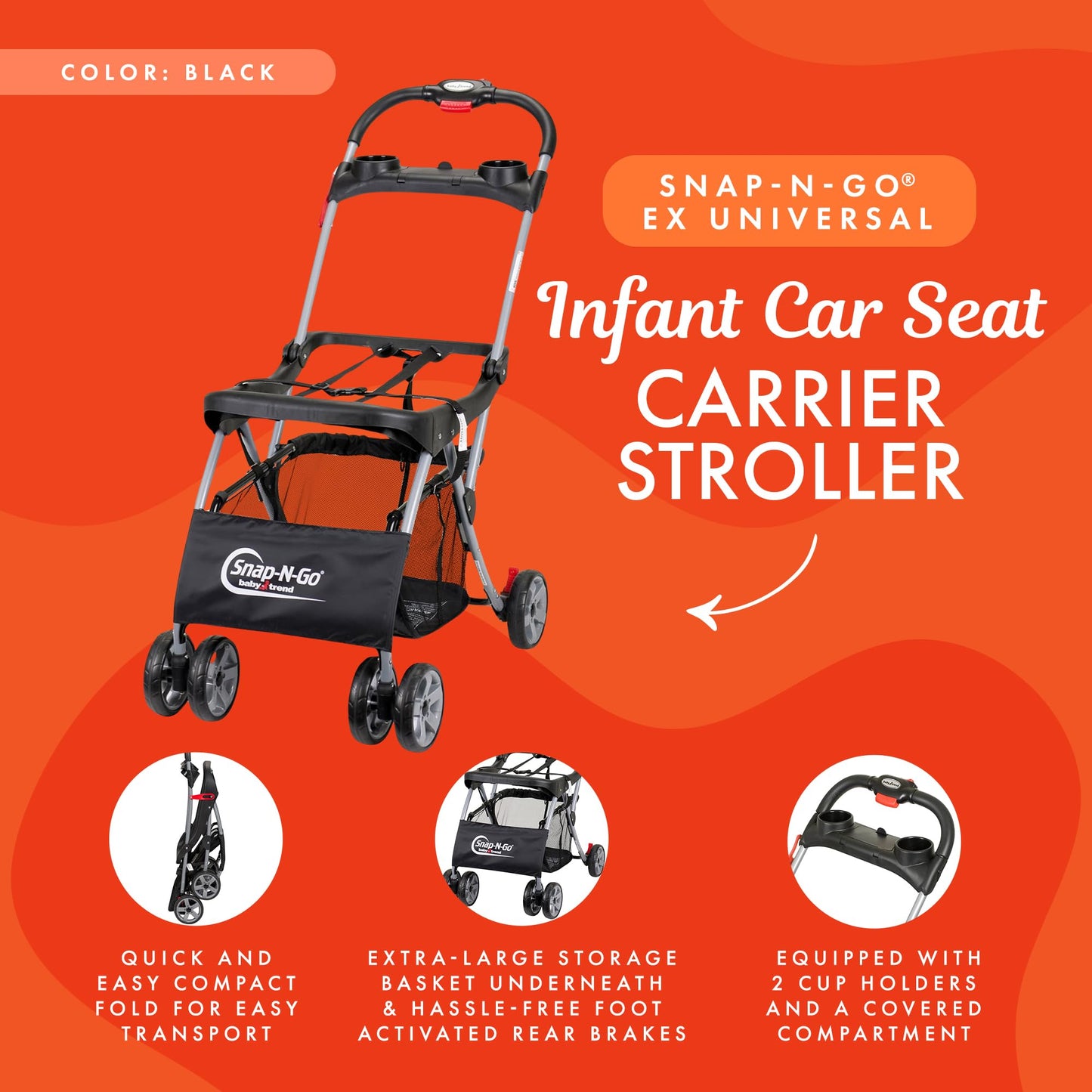 Baby Trend Snap N Go Ex Polyester Lightweight Foldable Universal Single Infant Car Seat Carrier With 2 Cup Holder And Covered Co