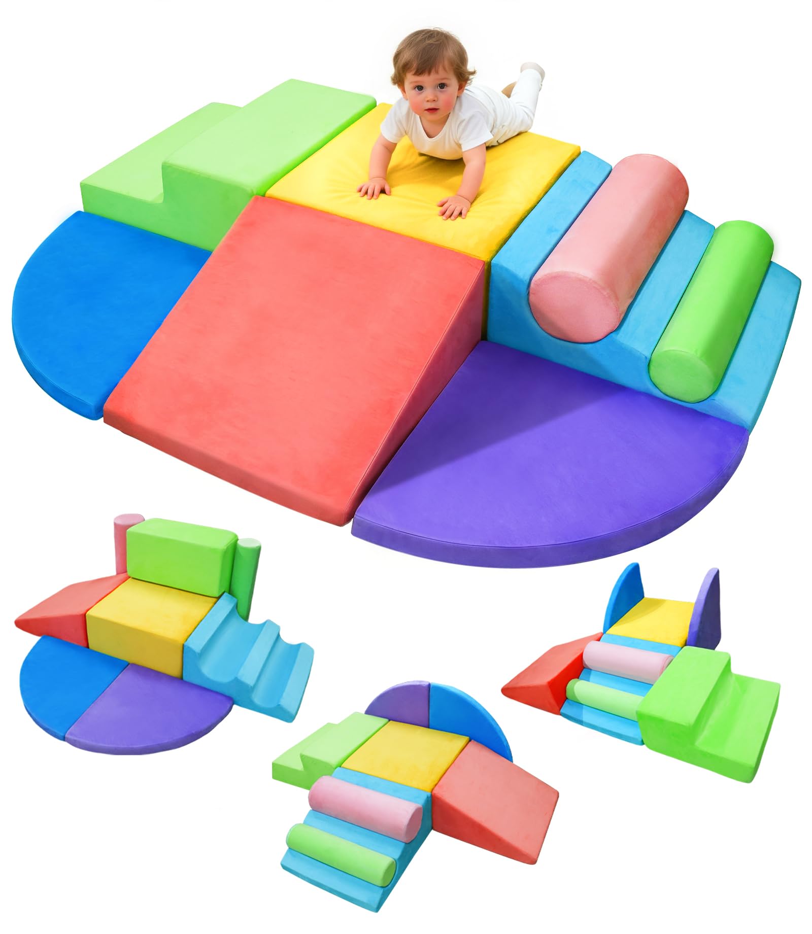 Teckid Toddler Climbing Toys 8-Piece Indoor Soft Foam Blocks Set, Safe Crawling, Climbing and Sliding Play Gym for Kids, Baby Cl
