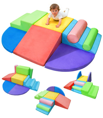 Teckid Toddler Climbing Toys 8-Piece Indoor Soft Foam Blocks Set, Safe Crawling, Climbing and Sliding Play Gym for Kids, Baby Cl
