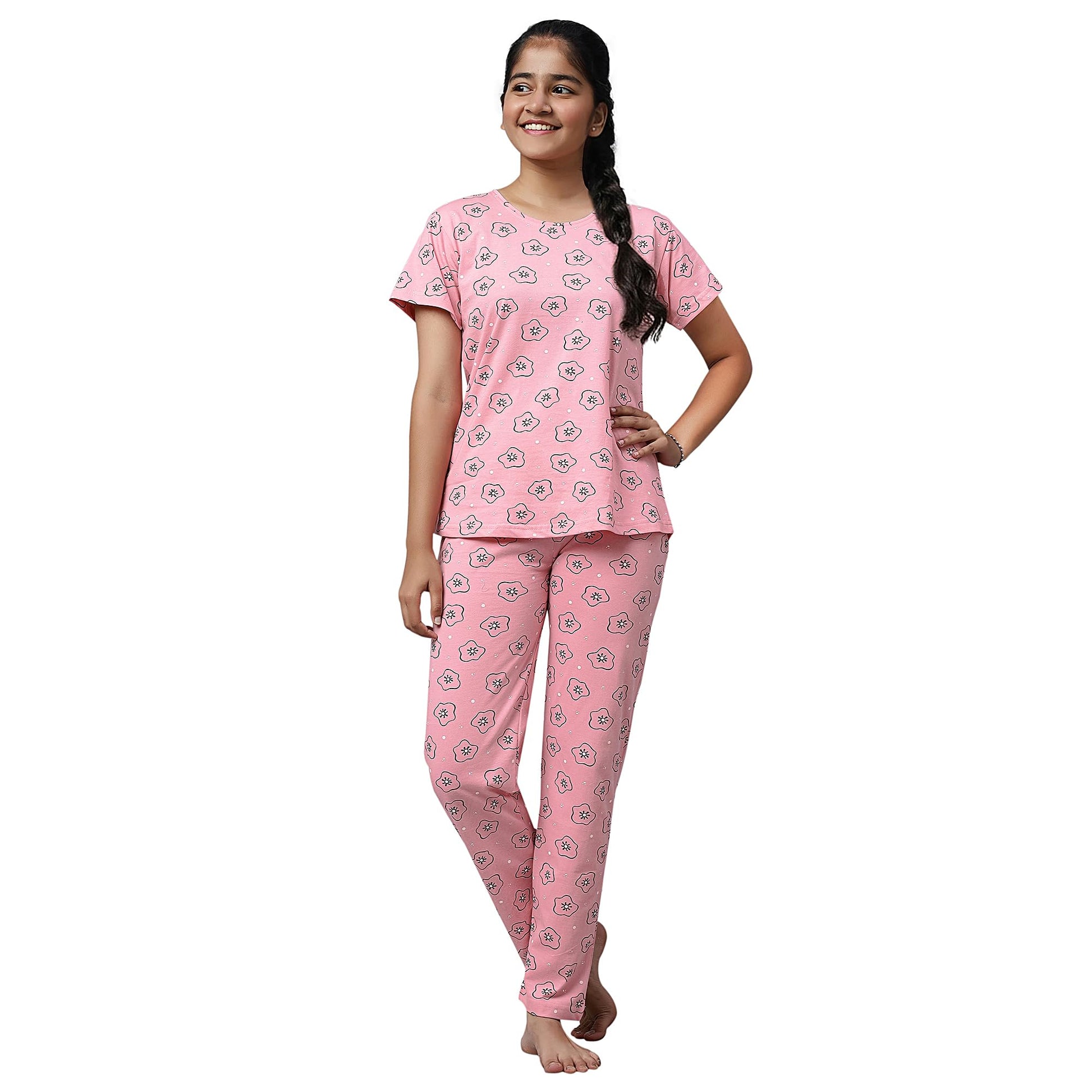 DZZO Girls and Kids Cotton Printed Pyjama Set | Printed |Peach Colour | Cotton | Nightwear | Sleepwear | Trendy Nightsuit Set fo