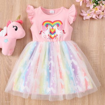 Baby Girl Unicorn Tulle Tutu Dress Toddler Girls Valentines Heart Tulle Dresses Flutter Sleeve Unicorn Birthday Outfit 2-3T
