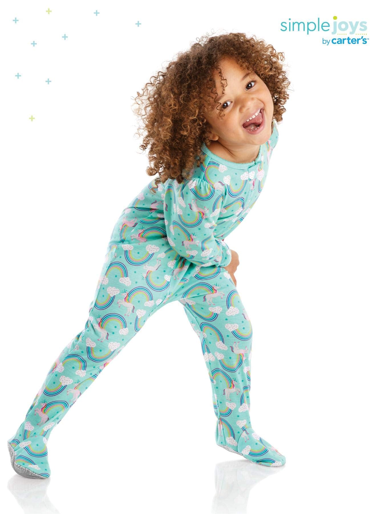 Simple Joys by Carters Baby Girls 3-Pack Loose Fit Flame Resistant Polyester Footed Pajamas Sleepwear, giraffe/rainbow/floral,