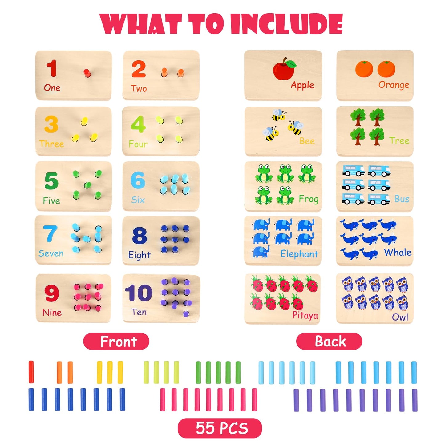 Gserin Wooden Counting Numbers Peg Board for Kids, Montessori Math Toy for Toddlers, Math Manipulatives Preschool Early Learning