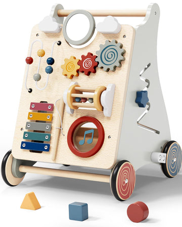 Detachable Baby Walker for Toddlers 1 Year Old Wooden Montessori Busy Board Adjustable Speed Push & Pull Walker Activity Learnin