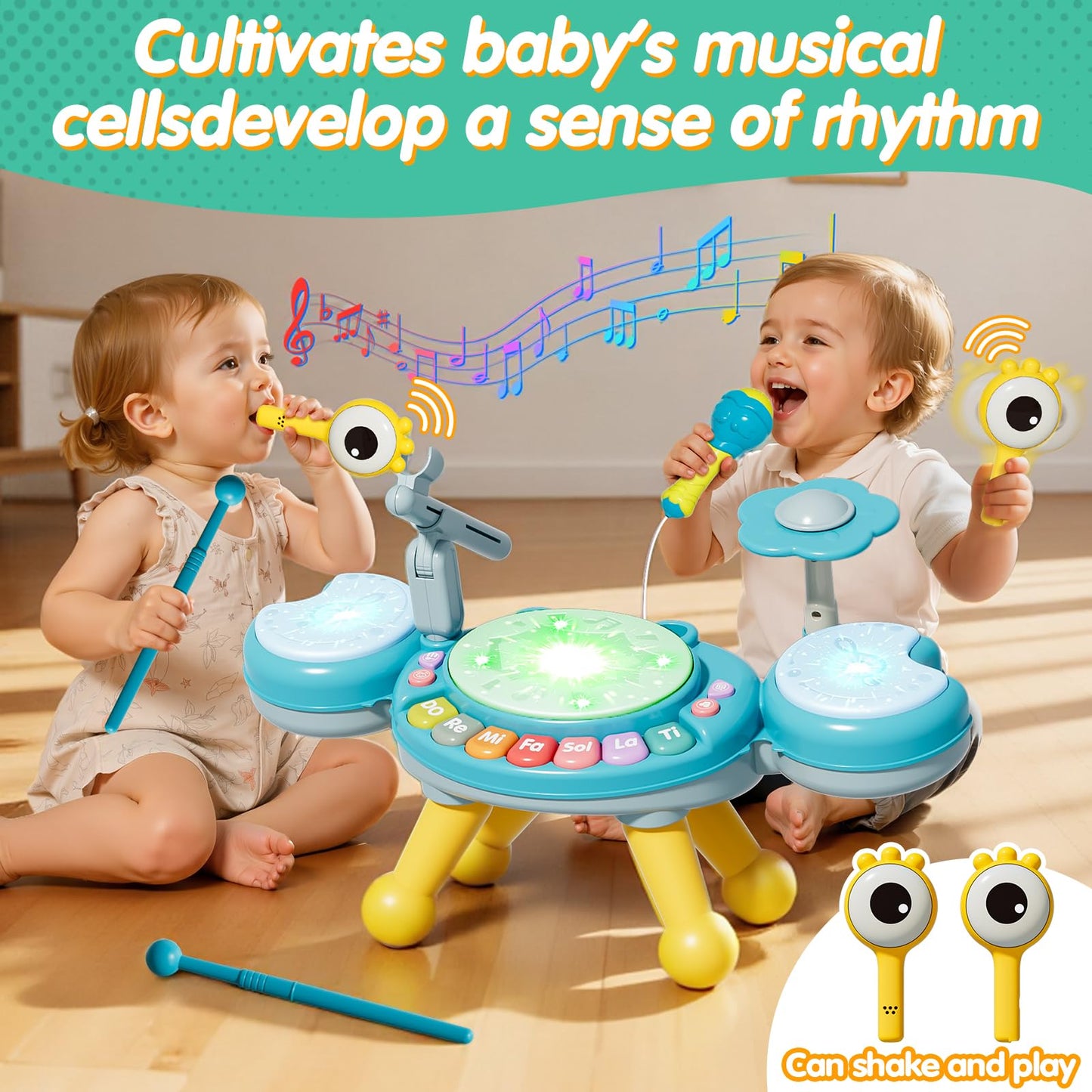 Toddler Drum Set for Kids 1-3, Baby Drum Set 1 Year Old with Light-Up Microphone, Musical Instruments Montessori Learning Toys f