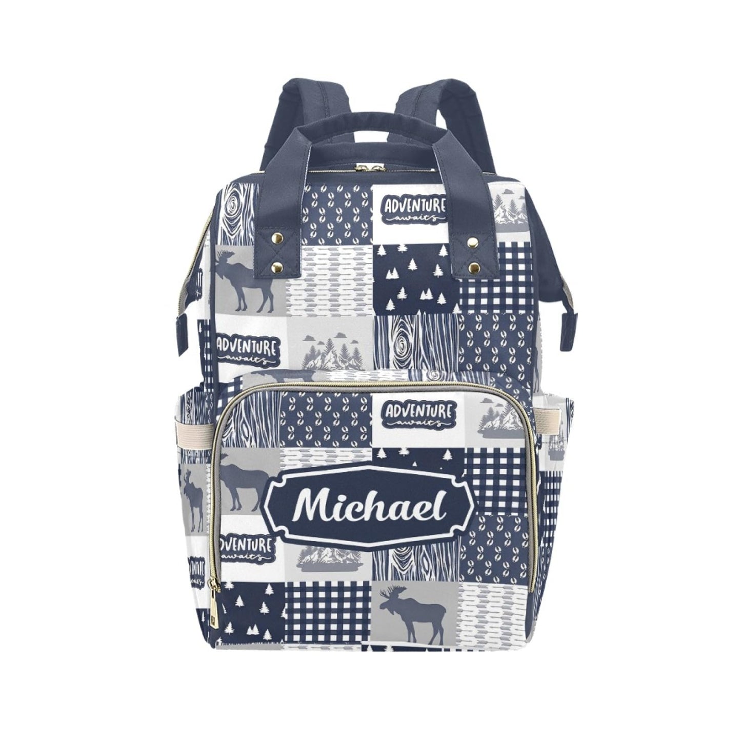 Personalized Woodland Moose Diaper Bag with Name - Custom Baby Bag, Nursing Tote Backpack for Mom, Custom Name Mommy Daypack, Sh