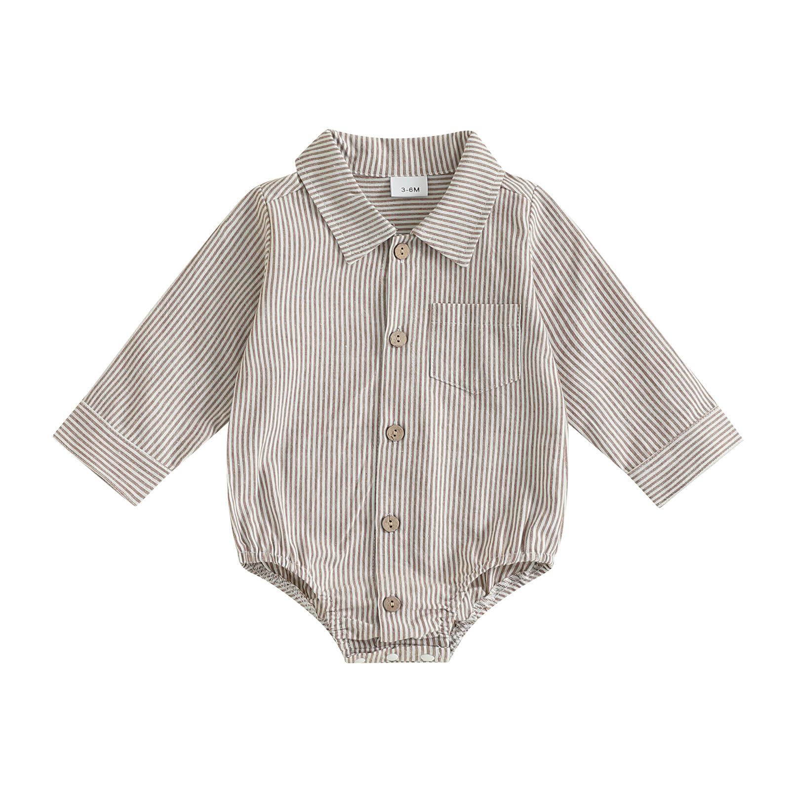 Newborn Baby Boy Fall Clothes Turndown Collar Striped Long Sleeve Romper Button Up Jumpsuit Shirt Bodysuit (Khaki, 3-6 Months)