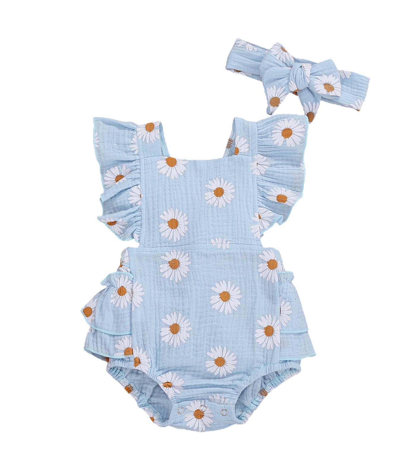 Ma&Baby Baby Girls Floral Cotton Leotard Romper Blue 0-6 Months