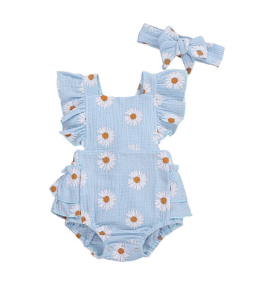 Ma&Baby Baby Girls Floral Cotton Leotard Romper Blue 0-6 Months