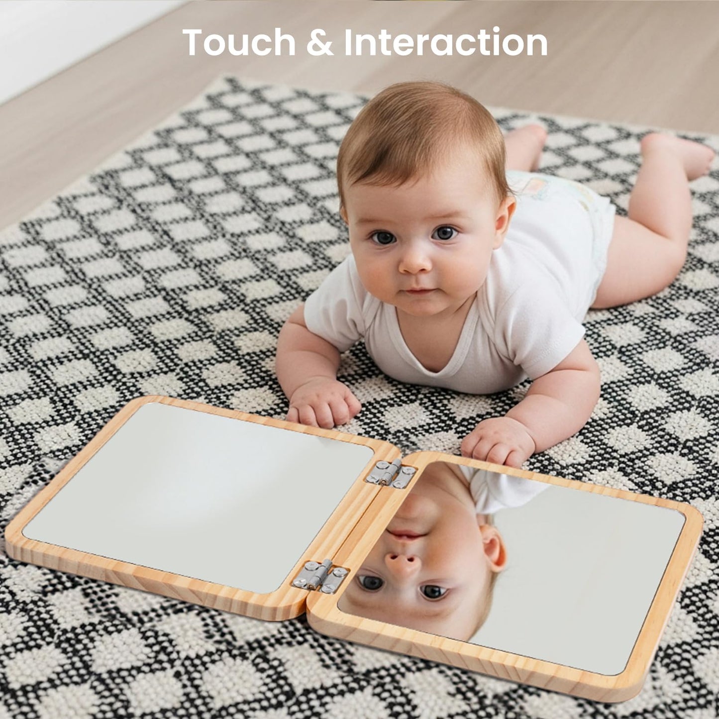 Woodtoe Tummy Time Mirror for Infant, 0-180 Adjustable Baby Mirrors with 15 Black and White Educational Cards, Shatterproof & Po