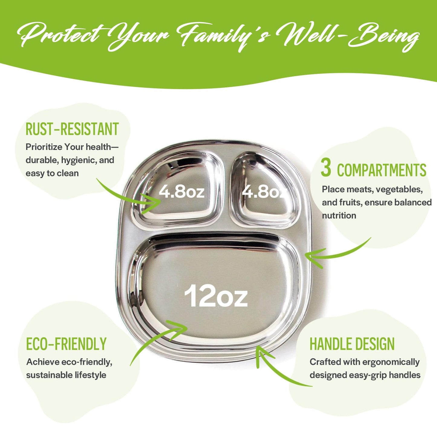 Stainless Steel Kids Plates With 3 Compartment, Toddlers Divided Dinner Plates, Breakfast Lunch Baby Dishes, Microwave & Dishwas