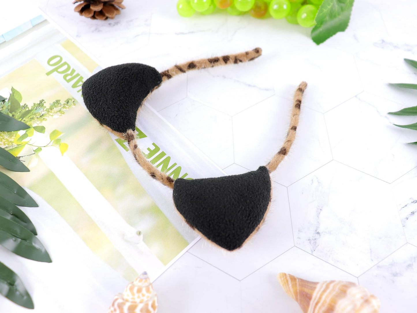 Bonnie Z. Leonardo Furry Cat Ears Headband Double-Sided Wear Black Leopard