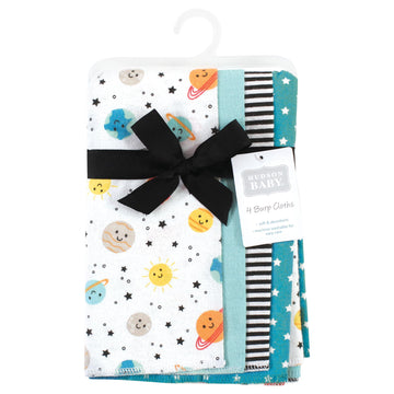 Hudson Baby Unisex Baby Cotton Flannel Burp Cloths, Happy Planets 4 Pack, One Size