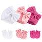 Bqubo Newborn Baby Girls Hats Mittens Set Hospital Hat Beanie Infant Bow Hats Baby Cotton No Scratch Gloves For 0-6 Months
