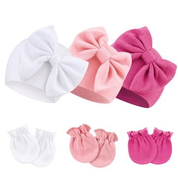 Bqubo Newborn Baby Girls Hats Mittens Set Hospital Hat Beanie Infant Bow Hats Baby Cotton No Scratch Gloves For 0-6 Months