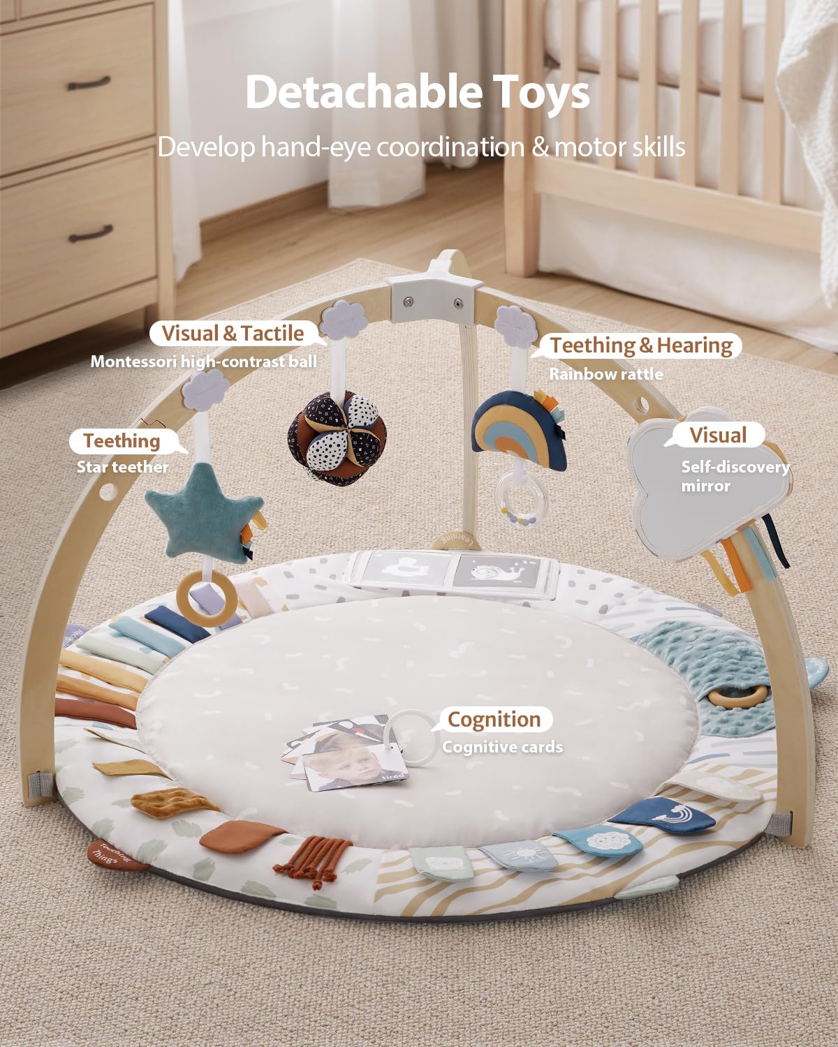 Blissful Diary Baby Play Gym & Activity Mat, 5 Developmental Zones Wooden Tummy Time Mat With 6 Detachable Sensory Toys For Moto