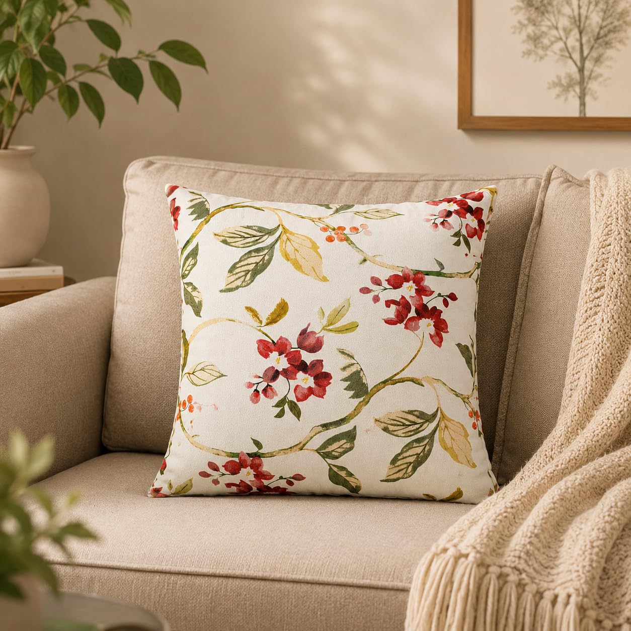 Ira Velvet Cushion With Floral Print Square 12X12 Inches | Soft Throw Pillow For Living Room Sofa, Bedroom Bed And Lounge Seatin