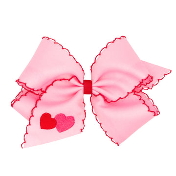Wee Ones Girls' Valentines Day Hair Bow On Weestay No-Slip Clip, Heart Embroidered Grosgrain Hair Bow With Moonstitch Edge, King