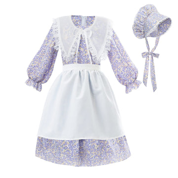 Ltakk Prairie Dresses Girls Pioneer Colonial Costume Girl Pilgrim Dress With Shawl, Apron And Bonnet, Blueviolet, Small, Age Ove