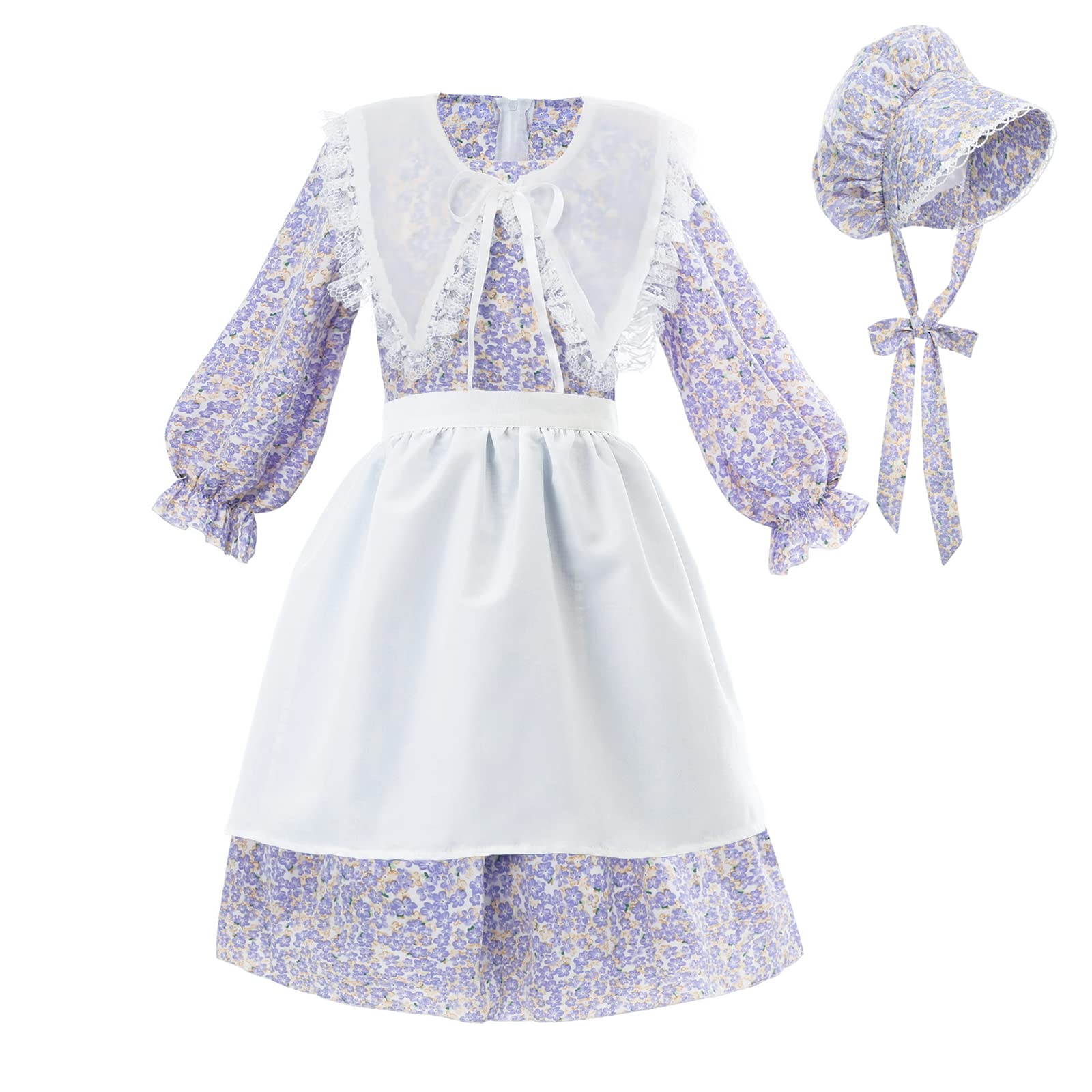 Ltakk Prairie Dresses Girls Pioneer Colonial Costume Girl Pilgrim Dress With Shawl, Apron And Bonnet, Blueviolet, X-Large, Age O