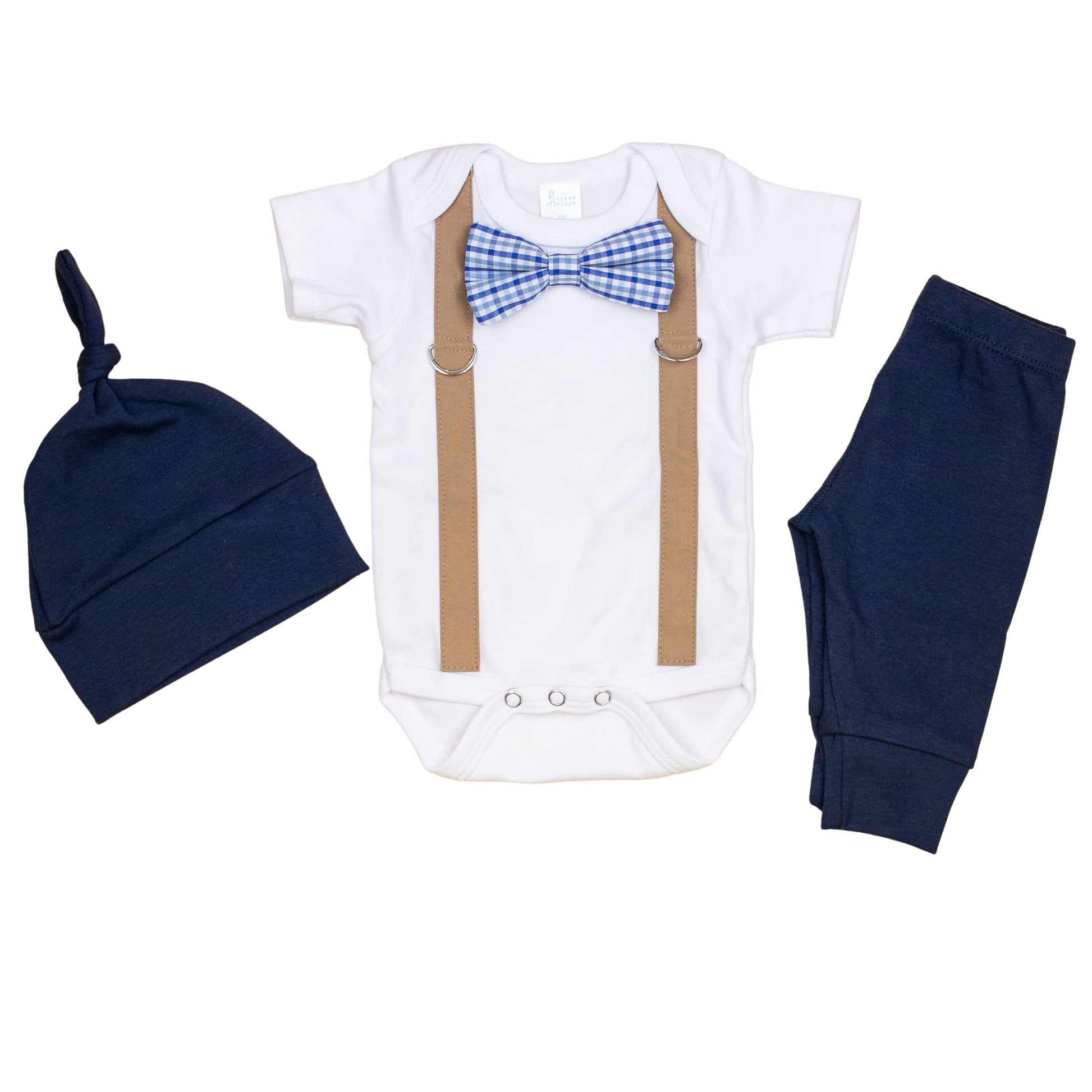 Newborn Boy Coming Home Outfit. Navy & Brown Bow Tie And Suspender Take Home Set (Newborn Long Sleeve)