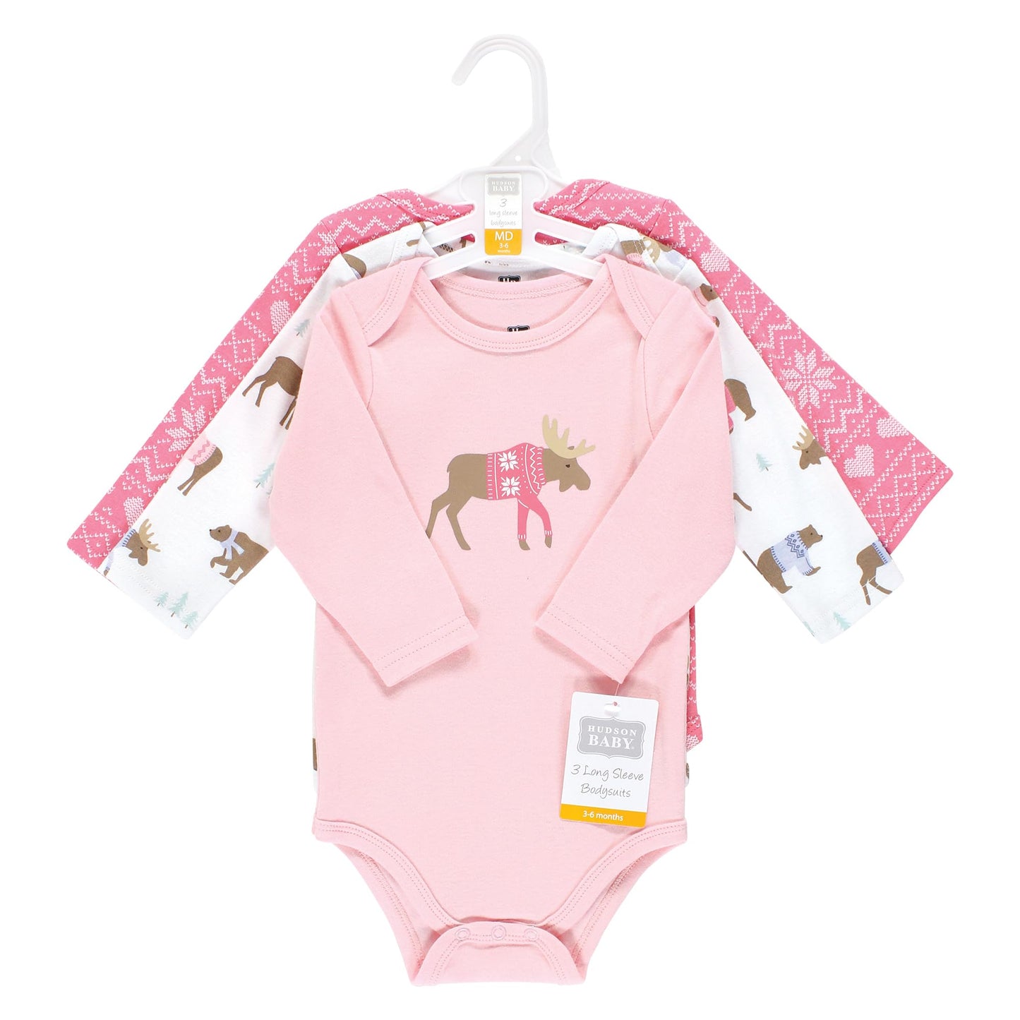 Hudson Baby Unisex Baby Cotton Long-Sleeve Bodysuits, Pink Moose Bear, 18-24 Months