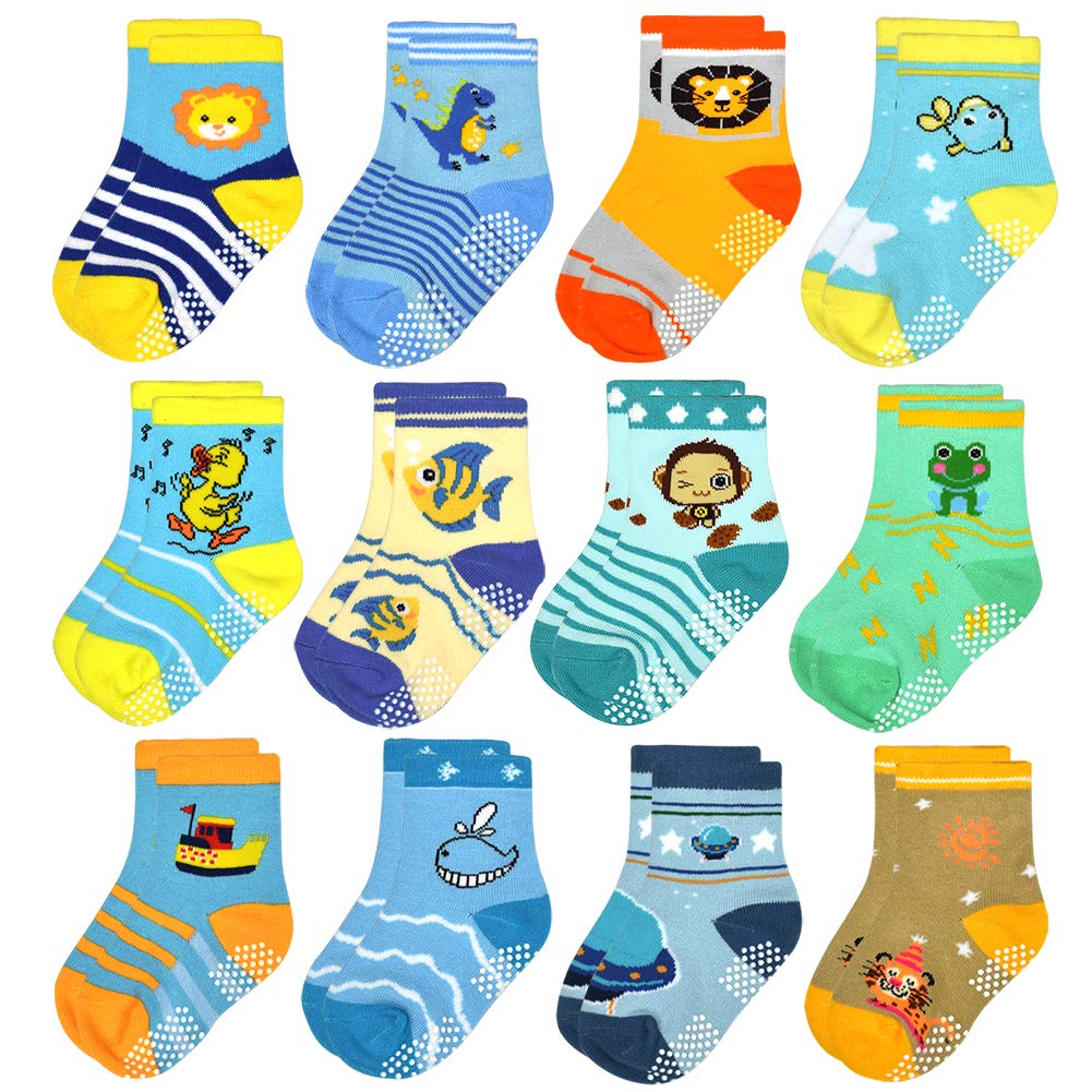 12 Pairs Toddler Non Skid Socks With Grips Anti Slip Bottom, Cotton Non Slip Ankle Crew Socks For Boys, Girls, Kids(3-5Years)