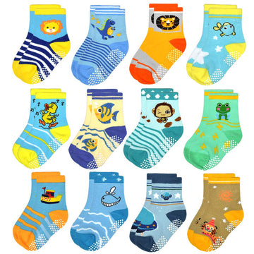 12 Pairs Toddler Non Skid Socks With Grips Anti Slip Bottom, Cotton Non Slip Ankle Crew Socks For Boys, Girls, Kids(3-5Years)
