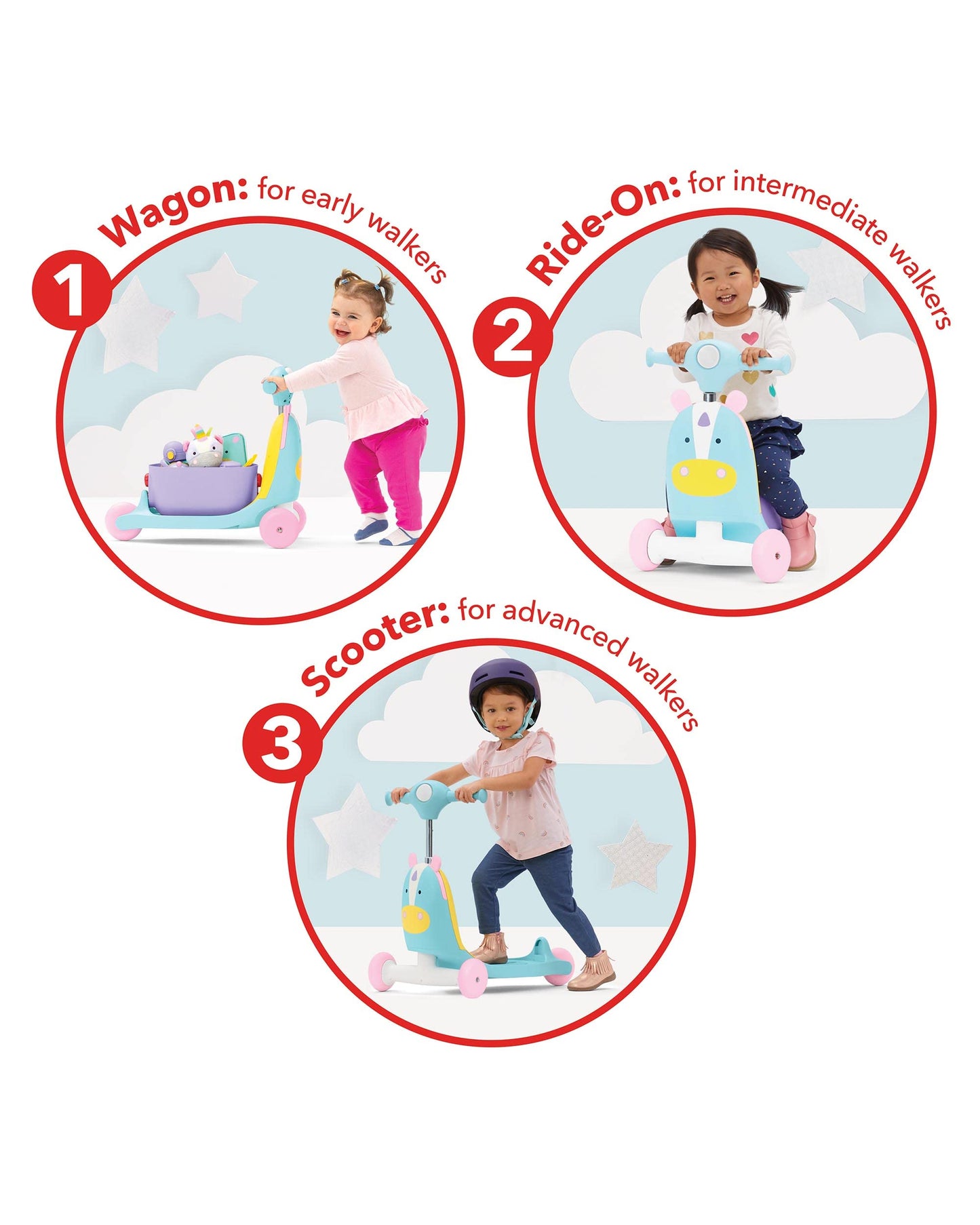 Skip Hop 3-In-1 Baby Activity Push Walker To Toddler Scooter, Zoo Unicorn