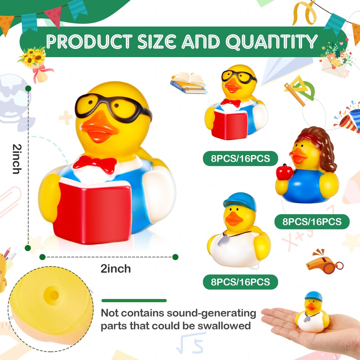 Deekin 24 Pcs Teacher Themed Party Favors Rubber Ducks 2 Inch School Educator Events Award Gifts for Teacher Appreciation Cute I