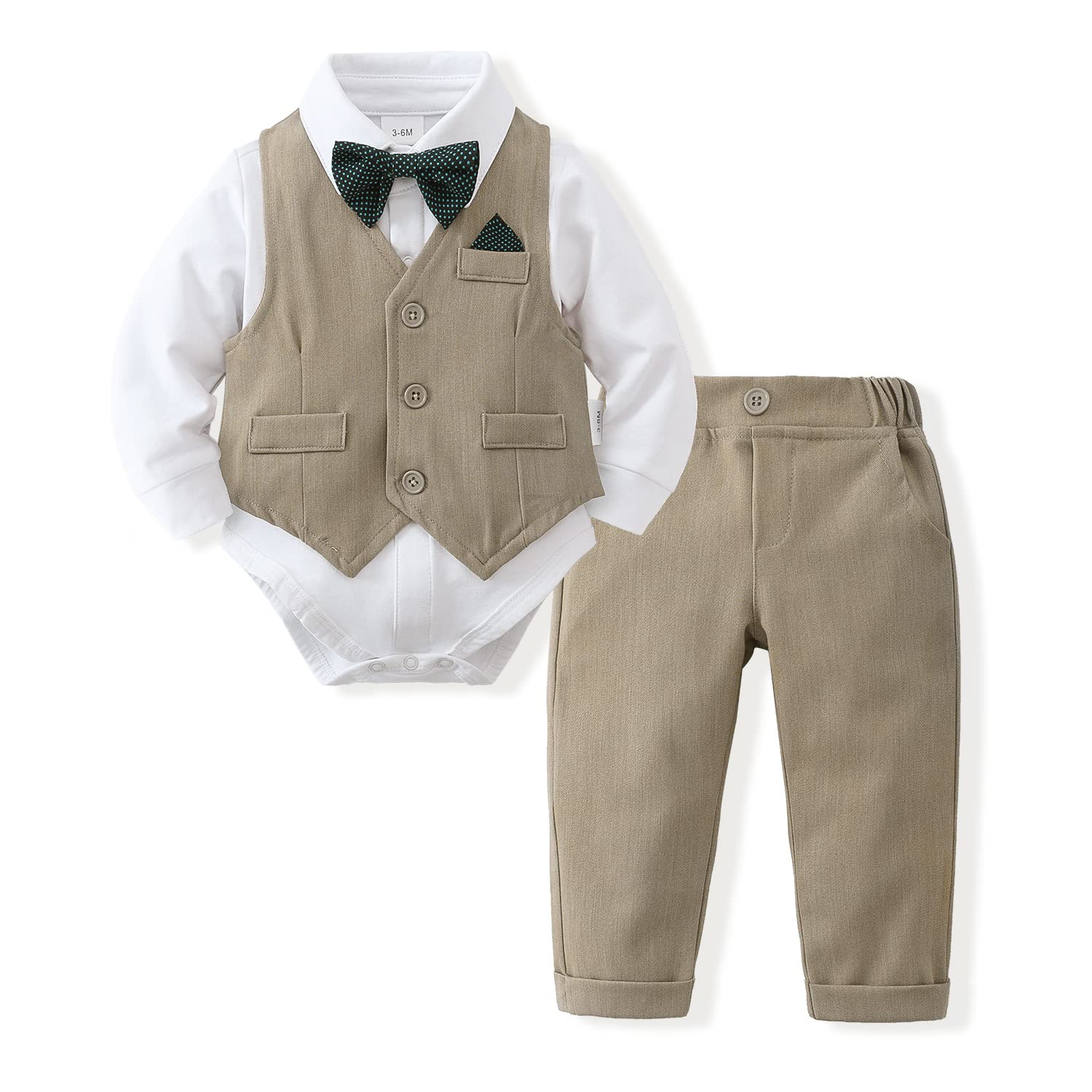 Disaur Baby Boy Clothes Toddler Boy Outfits, 4Pc Gentleman Dress Romper + Vest + Pants + Bow Tie Cotton Suit Set (Beige, 3-6 Mon