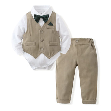 Disaur Baby Boy Formal Outfits Long Sleeve Infant White Shirt Khaki Vest Pants Bow Tie Baby First Halloween Outfit Boy 18 24 Mon
