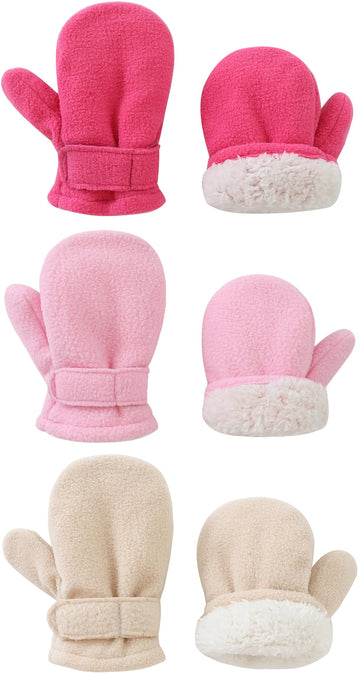 Baby Toddler Mittens Boys Girls Winter Outdoor Gloves Kids Easy-On Fleece Warm Mittens Pink Rose Khaki 3 Pairs L?2-4 Years?