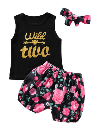 2Nd Birthday Outfit Girl 2 Year Old Girl Birthday Clothes Baby Girl Wild Two Shorts Set (3T,Black-Wild Two)