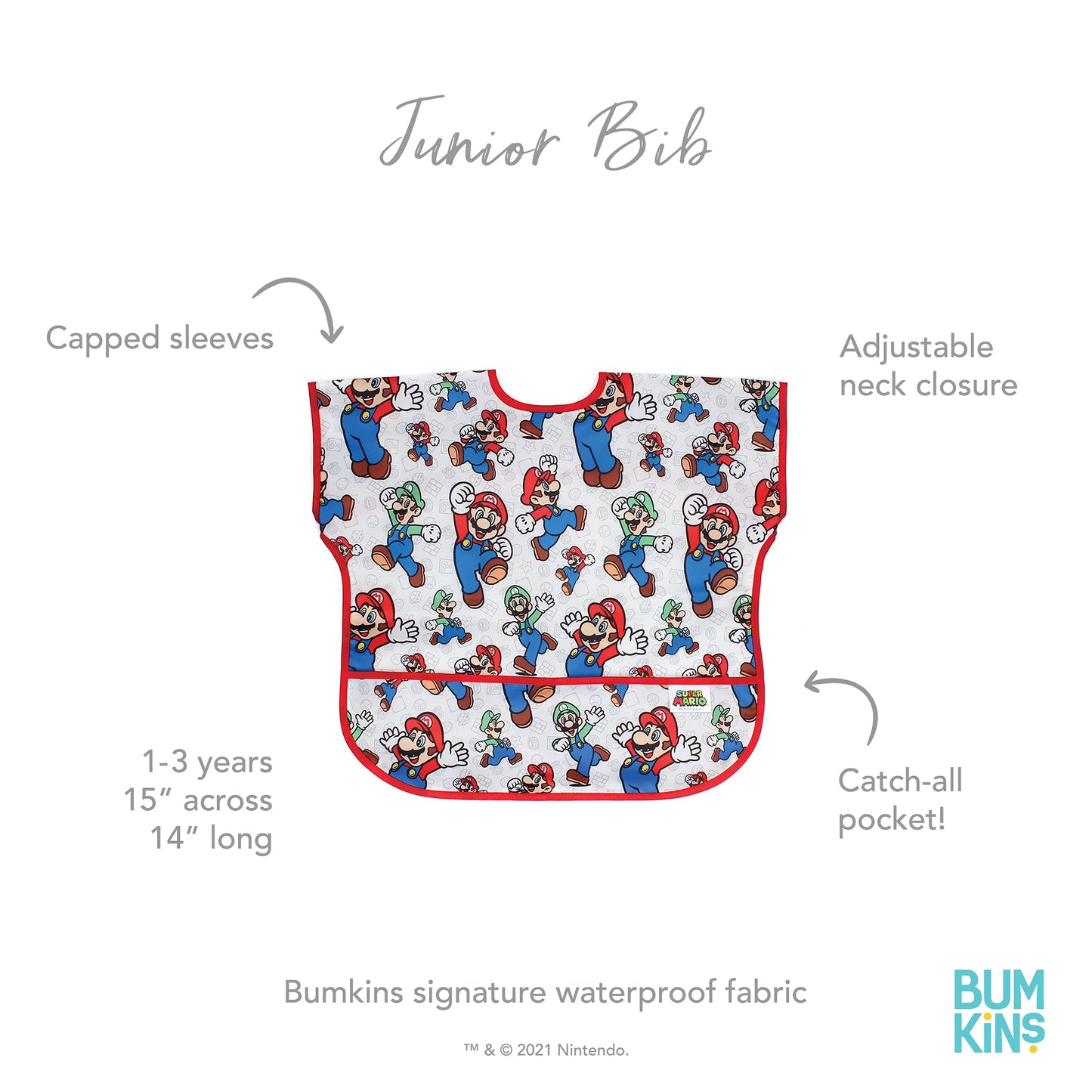 Bumkins Junior Bib, Short Sleeve Toddler Bib, Smock For Kids 1-3 Years, Waterproof Fabric, Nintendo Mario & Luigi