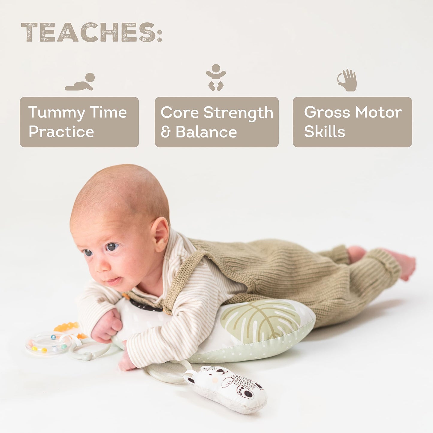 Taf Toys Ergonomic Tummy Time Cushion With Teether And Rattle - Soft And Supportive Baby Cushion For Enhanced Motor Skills Devel