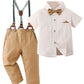 Disaur Toddler Boy Wedding Outfits Short Sleeve Apricot Brown Dress Shirt Bow Tie Suspender Pants Baptism Outfits For Boys 12 Mo