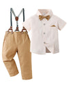 Disaur Matching Family Outfits Short Sleeve Apricot Brown Dress Shirt Bow Tie Suspender Pants Boys Church Outfit 4T 5T 4-5T