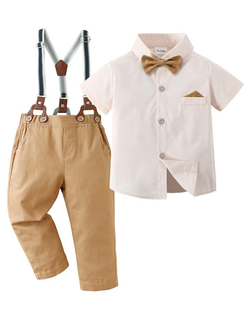 Disaur Matching Family Outfits Short Sleeve Apricot Brown Dress Shirt Bow Tie Suspender Pants Boys Church Outfit 4T 5T 4-5T