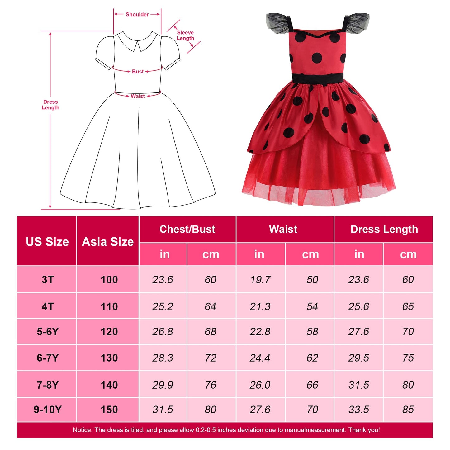 Reliparty Sleeveless Ladybird Dress For Girls With Bag For Kids Dress Up Birthday Halloween Christmas,140