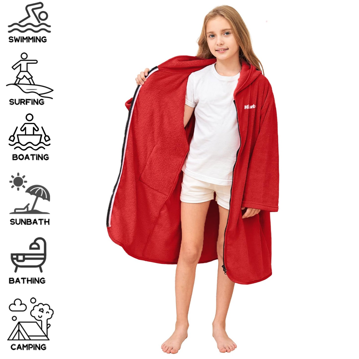 Hiturbo Kids Bath Towel Hoodie: Soft Plush Zipper Surf Poncho - Warm Fleece Changing Towels Swimming Outerwear (Red)