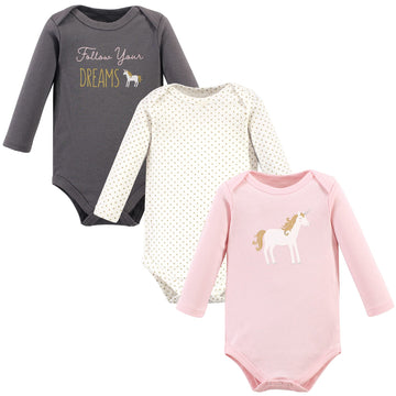Hudson Baby Unisex Baby Cotton Long-Sleeve Bodysuits, Gold Unicorn, 3-6 Months